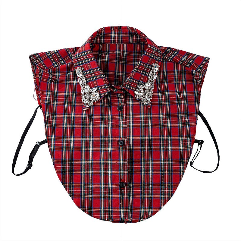 Plaid Detachable Collar with Crystal Embellishments, Chiffon False Collar for Blouses and Dresses, Elegant Layering Accessory - Image 1